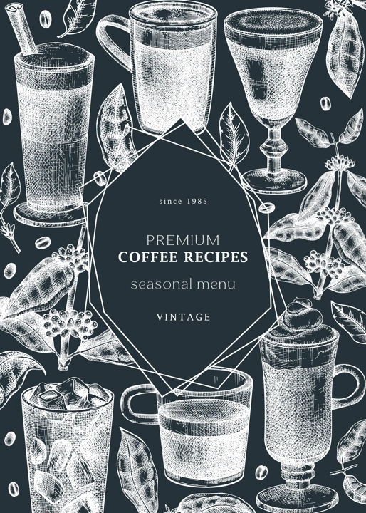 Hand-sketched coffee card or flyer on chalkboard. Vector sketches of mugs with aromatic drinks design. With botanical coffee plants, leaves and beans in vintage style. Vector beverages template